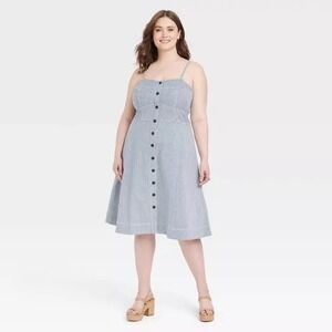 Universal Thread Blue & White Striped Denim Button Up Dress XXL | Spring Pockets